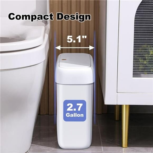 Slim Bathroom Trash Can with Lid Small 2.7 Gallon Press Top Garbage Bin - Picture 5 of 7